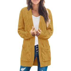 MEROKEETY Women’s 2026 Long Sleeve Cable Knit Cardigan Sweaters Open Front Fall Outerwear Coat Pockets(Gold Yellow)