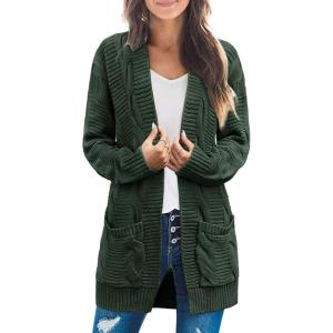 MEROKEETY Women’s 2026 Long Sleeve Cable Knit Cardigan Sweaters Open Front Fall Outerwear Coat Pockets(Green)