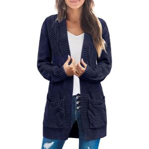 MEROKEETY Women’s 2026 Long Sleeve Cable Knit Cardigan Sweaters Open Front Fall Outerwear Coat Pockets(Navy)