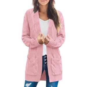 MEROKEETY Women’s 2026 Long Sleeve Cable Knit Cardigan Sweaters Open Front Fall Outerwear Coat Pockets(Pink)