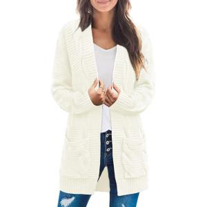MEROKEETY Women’s 2026 Long Sleeve Cable Knit Cardigan Sweaters Open Front Fall Outerwear Coat Pockets(White)