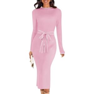 MEROKEETY Women’s 2026 Long Sleeve Midi Sweater Dress Fall Winter Spring Mock Neck Contrast Tie Waist Bodycon Knit Dresses(Lightpink)