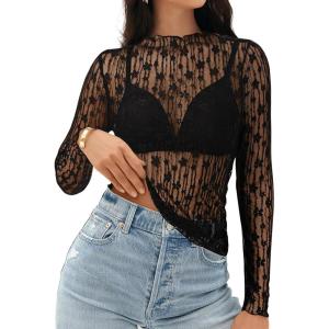 MEROKEETY Womens 2026 Mesh Sheer Lace Long Sleeve Top Sexy Y2k Mock Neck See Through Shirt Blouses(Darkblack)