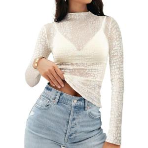MEROKEETY Womens 2026 Mesh Sheer Lace Long Sleeve Top Sexy Y2k Mock Neck See Through Shirt Blouses(Leopardwhite)