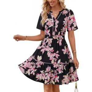 MEROKEETY Women’s 2026 Spring Summer Floral Dress V Neck Short Sleeve Button A Line Boho Beach Flowy Vacation Dresses(Black)