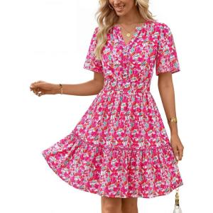 MEROKEETY Women’s 2026 Spring Summer Floral Dress V Neck Short Sleeve Button A Line Boho Beach Flowy Vacation Dresses(Pink)