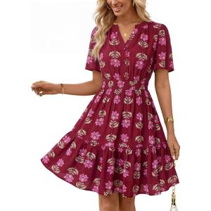 MEROKEETY Women’s 2026 Spring Summer Floral Dress V Neck Short Sleeve Button A Line Boho Beach Flowy Vacation Dresses(Wine)