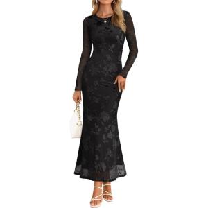 MEROKEETY Women’s 2026 Spring Wedding Guest Maxi Dress Long Sleeve Bodycon Floral Mesh Fall Cocktail Formal Party Dresses(Black)