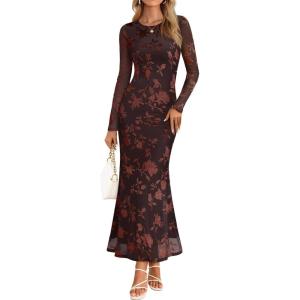 MEROKEETY Women’s 2026 Spring Wedding Guest Maxi Dress Long Sleeve Bodycon Floral Mesh Fall Cocktail Formal Party Dresses(Brown)