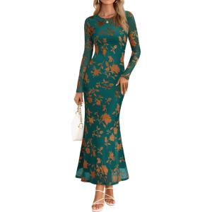 MEROKEETY Women’s 2026 Spring Wedding Guest Maxi Dress Long Sleeve Bodycon Floral Mesh Fall Cocktail Formal Party Dresses(Green)