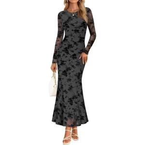 MEROKEETY Women’s 2026 Spring Wedding Guest Maxi Dress Long Sleeve Bodycon Floral Mesh Fall Cocktail Formal Party Dresses(Grey)
