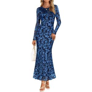 MEROKEETY Women’s 2026 Spring Wedding Guest Maxi Dress Long Sleeve Bodycon Floral Mesh Fall Cocktail Formal Party Dresses(Navy)