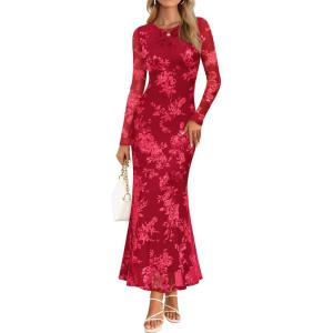 MEROKEETY Women’s 2026 Spring Wedding Guest Maxi Dress Long Sleeve Bodycon Floral Mesh Fall Cocktail Formal Party Dresses(Red)