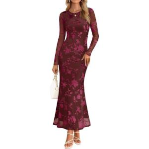 MEROKEETY Women’s 2026 Spring Wedding Guest Maxi Dress Long Sleeve Bodycon Floral Mesh Fall Cocktail Formal Party Dresses(Wine)
