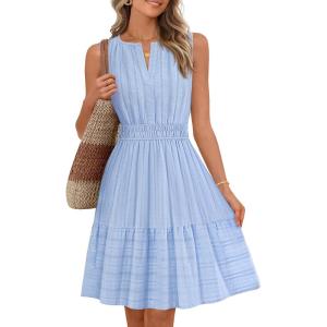 MEROKEETY Women’s 2026 Summer Casual Mini Sundress Beach Vacation Sleeveless V Neck Flowy A Line Dress with Pockets(Blue)