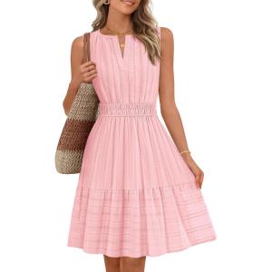 MEROKEETY Women’s 2026 Summer Casual Mini Sundress Beach Vacation Sleeveless V Neck Flowy A Line Dress with Pockets(Pink)