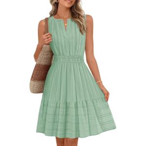 MEROKEETY Women’s 2026 Summer Casual Mini Sundress Beach Vacation Sleeveless V Neck Flowy A Line Dress with Pockets(Seagrass)