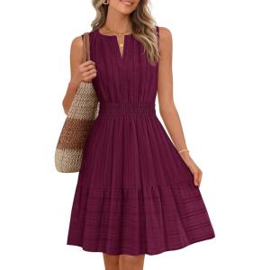 MEROKEETY Women’s 2026 Summer Casual Mini Sundress Beach Vacation Sleeveless V Neck Flowy A Line Dress with Pockets(Wine)