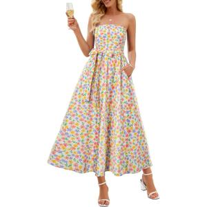 MEROKEETY Women’s 2026 Summer Floral Strapless Maxi Dress Boho Tube Smocked Tie Wedding Guest Cocktail Long Dresses(Beige)