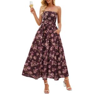 MEROKEETY Women’s 2026 Summer Floral Strapless Maxi Dress Boho Tube Smocked Tie Wedding Guest Cocktail Long Dresses(Coffee)