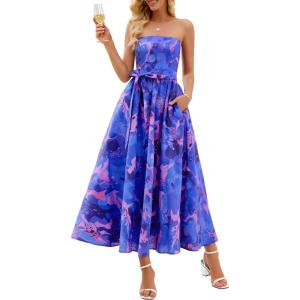 MEROKEETY Women’s 2026 Summer Floral Strapless Maxi Dress Boho Tube Smocked Tie Wedding Guest Cocktail Long Dresses(Royal)