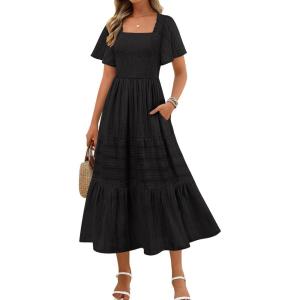 MEROKEETY Women’s 2026 Summer Flowy Midi Maxi Dress Short Sleeve Square Neck Smocked Tiered Ruffle Boho Dresses with Pockets(Black)