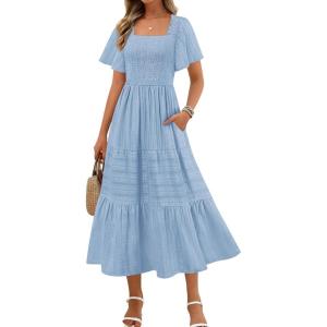 MEROKEETY Women’s 2026 Summer Flowy Midi Maxi Dress Short Sleeve Square Neck Smocked Tiered Ruffle Boho Dresses with Pockets(Blue)