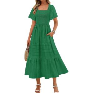 MEROKEETY Women’s 2026 Summer Flowy Midi Maxi Dress Short Sleeve Square Neck Smocked Tiered Ruffle Boho Dresses with Pockets(Darkgreen)