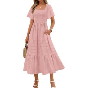 MEROKEETY Women’s 2026 Summer Flowy Midi Maxi Dress Short Sleeve Square Neck Smocked Tiered Ruffle Boho Dresses with Pockets(Dustypink)