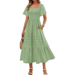 MEROKEETY Women’s 2026 Summer Flowy Midi Maxi Dress Short Sleeve Square Neck Smocked Tiered Ruffle Boho Dresses with Pockets(Green)