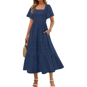 MEROKEETY Women’s 2026 Summer Flowy Midi Maxi Dress Short Sleeve Square Neck Smocked Tiered Ruffle Boho Dresses with Pockets(Navy)