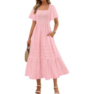 MEROKEETY Women’s 2026 Summer Flowy Midi Maxi Dress Short Sleeve Square Neck Smocked Tiered Ruffle Boho Dresses with Pockets(Pink)