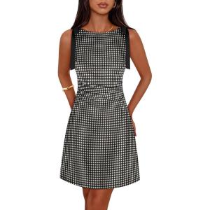 MEROKEETY Women’s 2026 Summer Gingham Mini Dress Ruched Sleeveless Boat Neck Cocktail Party Beach Dresses(Black)