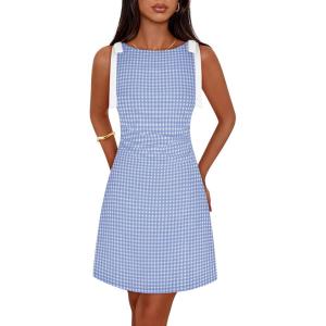 MEROKEETY Women’s 2026 Summer Gingham Mini Dress Ruched Sleeveless Boat Neck Cocktail Party Beach Dresses(Blue)