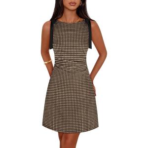 MEROKEETY Women’s 2026 Summer Gingham Mini Dress Ruched Sleeveless Boat Neck Cocktail Party Beach Dresses(Brown)