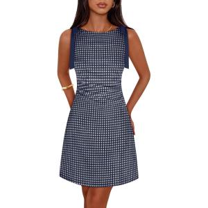 MEROKEETY Women’s 2026 Summer Gingham Mini Dress Ruched Sleeveless Boat Neck Cocktail Party Beach Dresses(Navy)