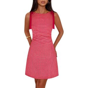 MEROKEETY Women’s 2026 Summer Gingham Mini Dress Ruched Sleeveless Boat Neck Cocktail Party Beach Dresses(Red)