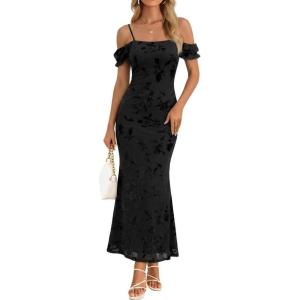 MEROKEETY Women’s 2026 Summer Off The Shoulder Spaghetti Strap Floral Mesh Wedding Guest Cocktail Formal Party Maxi Dresses(Black)