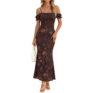 MEROKEETY Women’s 2026 Summer Off The Shoulder Spaghetti Strap Floral Mesh Wedding Guest Cocktail Formal Party Maxi Dresses(Brown)