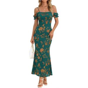 MEROKEETY Women’s 2026 Summer Off The Shoulder Spaghetti Strap Floral Mesh Wedding Guest Cocktail Formal Party Maxi Dresses(Green)