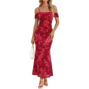 MEROKEETY Women’s 2026 Summer Off The Shoulder Spaghetti Strap Floral Mesh Wedding Guest Cocktail Formal Party Maxi Dresses(Red)
