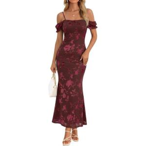 MEROKEETY Women’s 2026 Summer Off The Shoulder Spaghetti Strap Floral Mesh Wedding Guest Cocktail Formal Party Maxi Dresses(Wine)