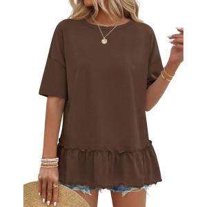 MEROKEETY Women’s 2026 Summer Peplum Tops Oversized Blouse Casual Short Sleeve Crew Neck Ruffle Tunic T Shirts(Coffee)