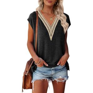 MEROKEETY Women’s Boho Cap Sleeve Lace Trim V Neck Tops 2026 Summer Casual Loose Beach Vacation Tee Shirts Blouse(Black)