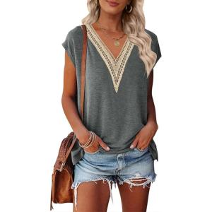 MEROKEETY Women’s Boho Cap Sleeve Lace Trim V Neck Tops 2026 Summer Casual Loose Beach Vacation Tee Shirts Blouse(Grey)