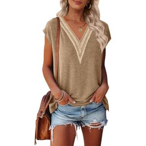 MEROKEETY Women’s Boho Cap Sleeve Lace Trim V Neck Tops 2026 Summer Casual Loose Beach Vacation Tee Shirts Blouse(Khaki)