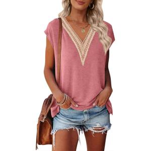 MEROKEETY Women’s Boho Cap Sleeve Lace Trim V Neck Tops 2026 Summer Casual Loose Beach Vacation Tee Shirts Blouse(Pink)