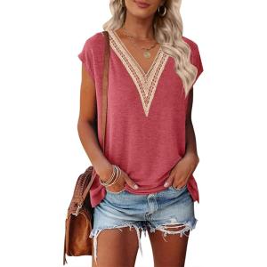 MEROKEETY Women’s Boho Cap Sleeve Lace Trim V Neck Tops 2026 Summer Casual Loose Beach Vacation Tee Shirts Blouse(Watermelon)