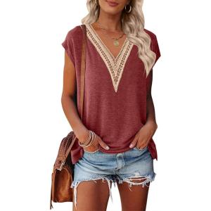 MEROKEETY Women’s Boho Cap Sleeve Lace Trim V Neck Tops 2026 Summer Casual Loose Beach Vacation Tee Shirts Blouse(Wine)