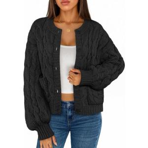 MEROKEETY Women’s Cable Knit Chunky Cardigan Sweaters 2025 Fall Winter Trendy Button Up Long Sleeve Coat(Black)